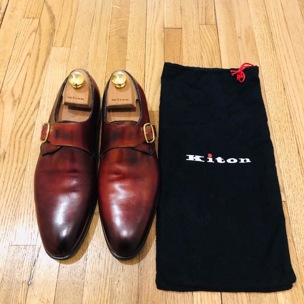 Kiton size 7 US burgundy monk strap shoes.